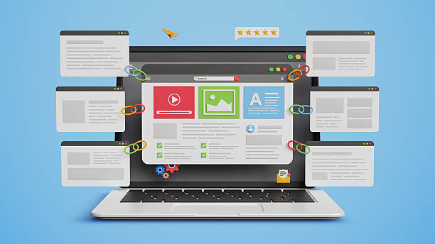 Website Link Building, Content Backlink Strategy, SEO Growth, Improved Rankings, Organic Traffic Boost, Digital Visibility Tactics. 3D website page with backlink pages on a laptop screen